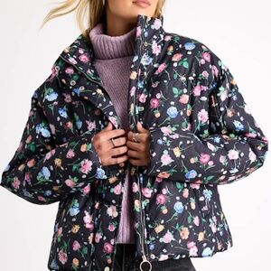 Lulus Linaya Black Floral Zip-front Puffer Jacket - Size M